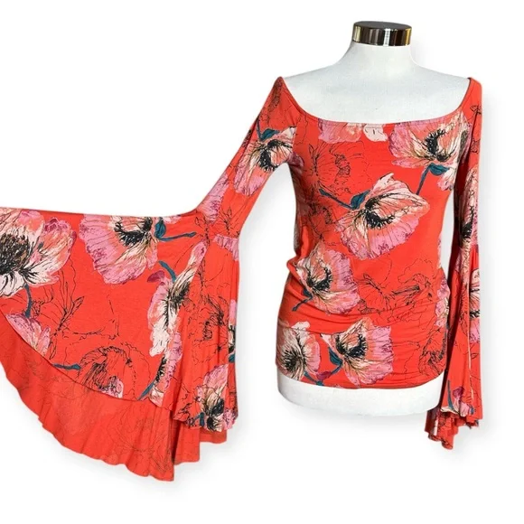 FREE PEOPLE WE THE FREE ORANGE FLORAL OFF THE SHOULDER BELL SLEEVE FITTED TOP - Picture 3 of 15
